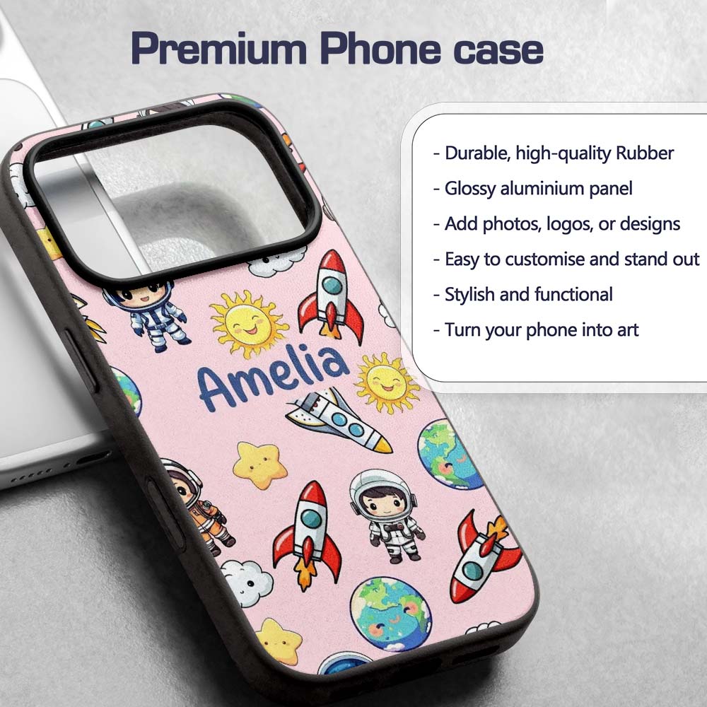 Cartoon Space Rockets Sun Earth Clouds Stars Custom Name Protective Phone Case Mobile Cover Durable Everyday Smartphone Shock Resistant