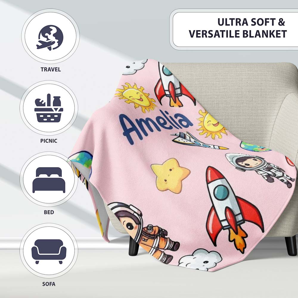 Cartoon Space Rockets Sun Earth Clouds Stars Seamless Blush Pink Personalised Custom Name Super Soft Fleece Blanket Bed Sofa Throw