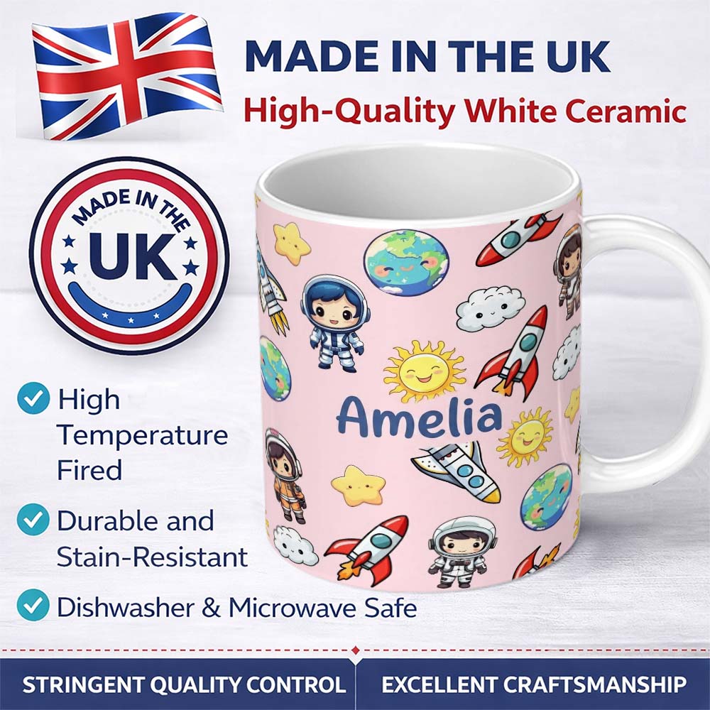 Personalized Custom Name Cartoon Space Rockets Sun Earth Clouds Stars Seamless Blush Pink 11oz Ceramic Coffee Tea Mug White Large Handle