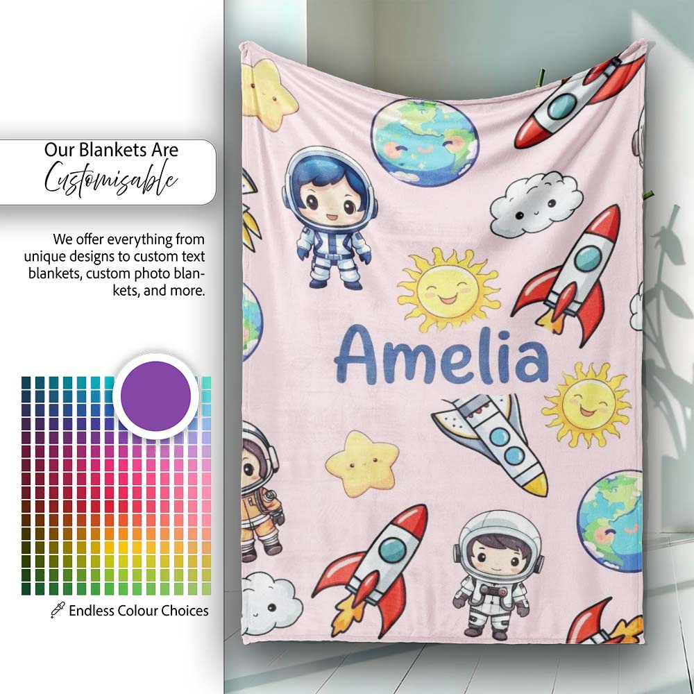 Cartoon Space Rockets Sun Earth Clouds Stars Seamless Blush Pink Personalised Custom Name Super Soft Fleece Blanket Bed Sofa Throw