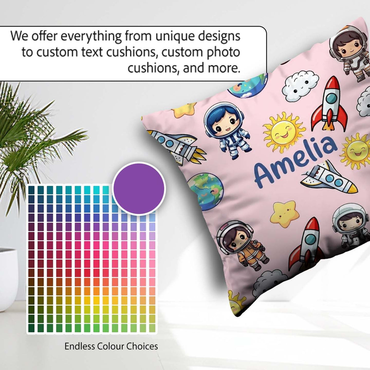 Custom Name Cartoon Space Rockets Sun Earth Stars Seamless Blush Square Filled Cushion Throw Pillow Sofa Bed Home Decor Zip Washable UK Made