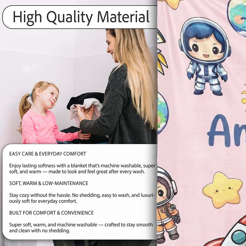 Cartoon Space Rockets Sun Earth Clouds Stars Seamless Blush Pink Personalised Custom Name Super Soft Fleece Blanket Bed Sofa Throw