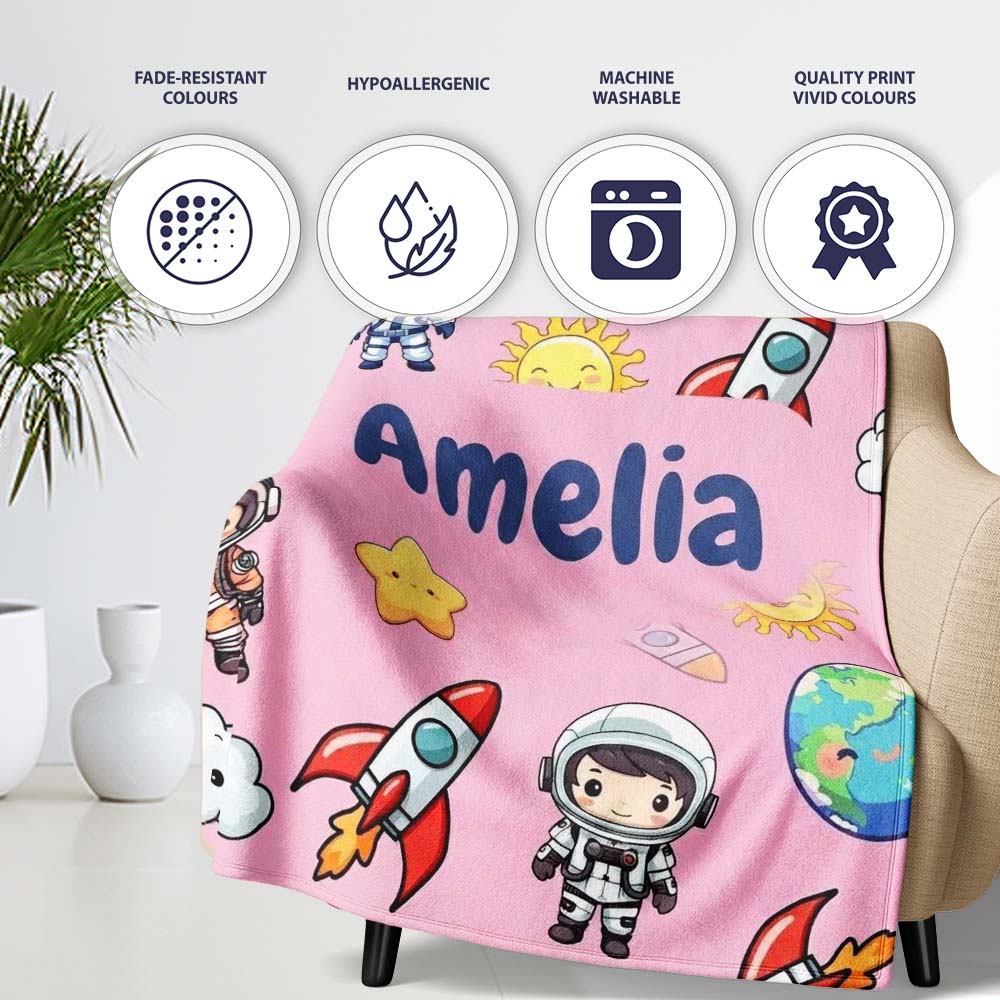 Cartoon Space Rockets Sun Earth Clouds Stars Seamless Soft Pink Personalised Custom Name Super Soft Fleece Blanket Bed Sofa Throw