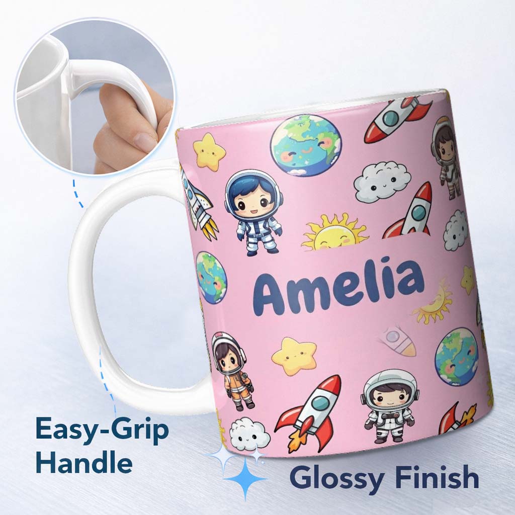 Personalized Custom Name Cartoon Space Rockets Sun Earth Clouds Stars Seamless Soft Pink 11oz Ceramic Coffee Tea Mug White Large Handle