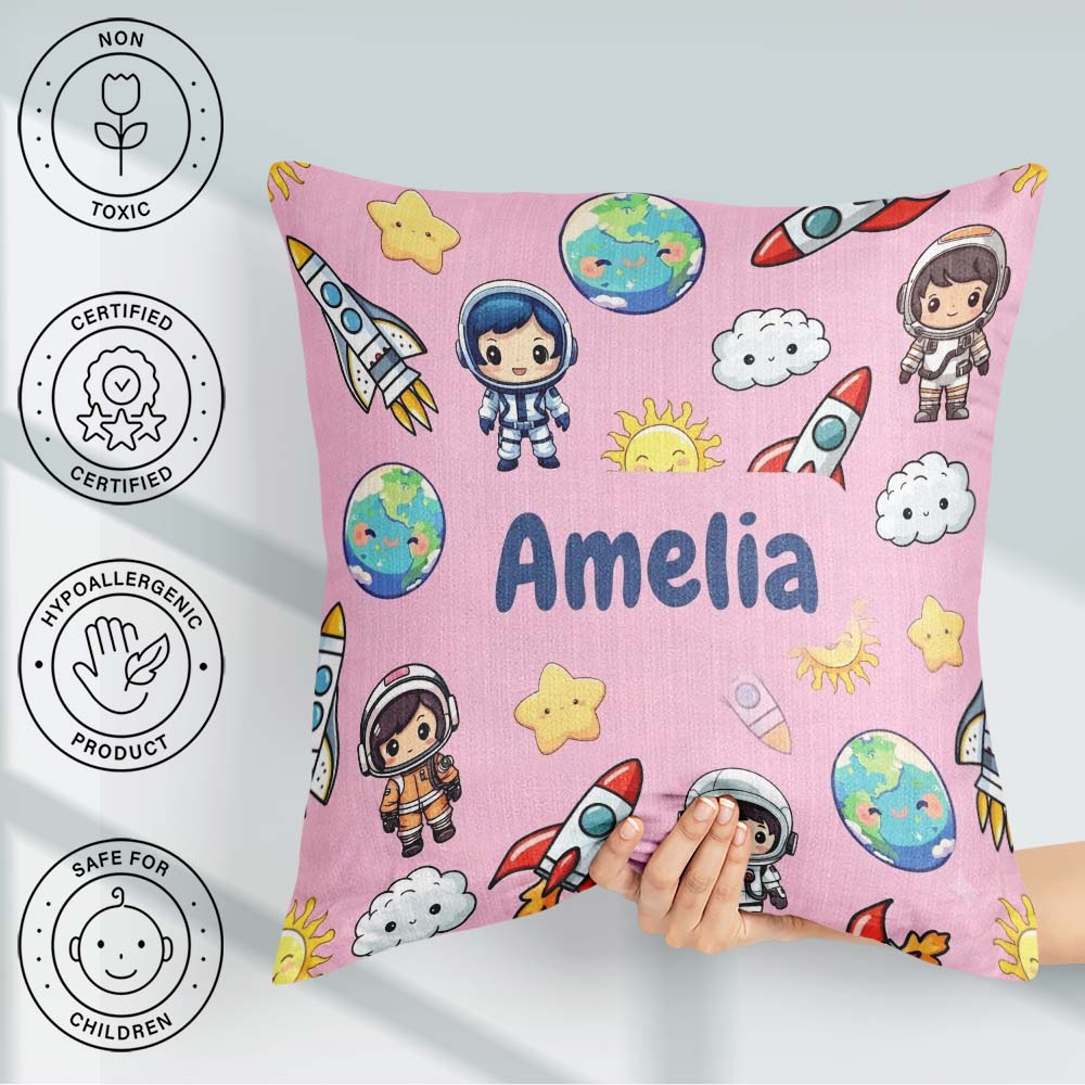 Custom Name Cartoon Space Rockets Sun Earth Clouds Seamless Soft Square Filled Cushion Throw Pillow Sofa Bed Home Decor Zip Washable UK Made