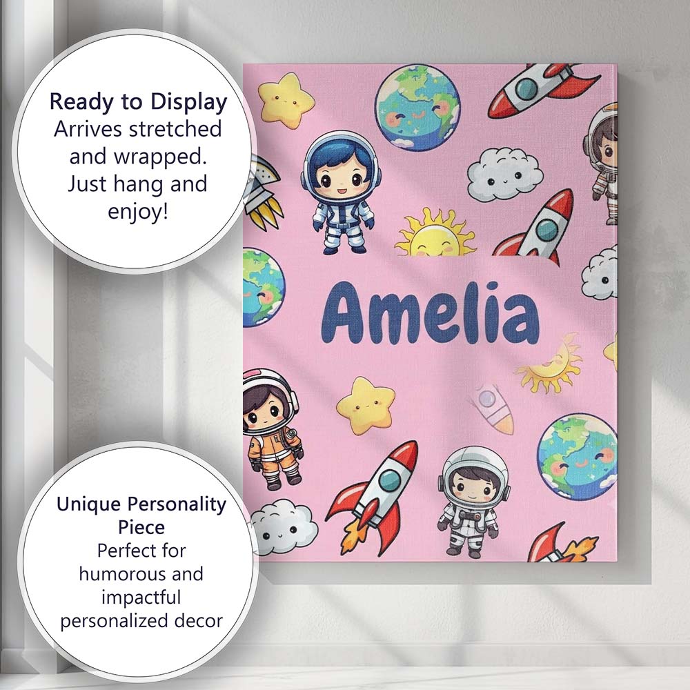 Personalised Name Cartoon Space Rockets Sun Custom Bespoke Interior Contemporary Canvas Wall Art Print Decor Picture Ready to Hang