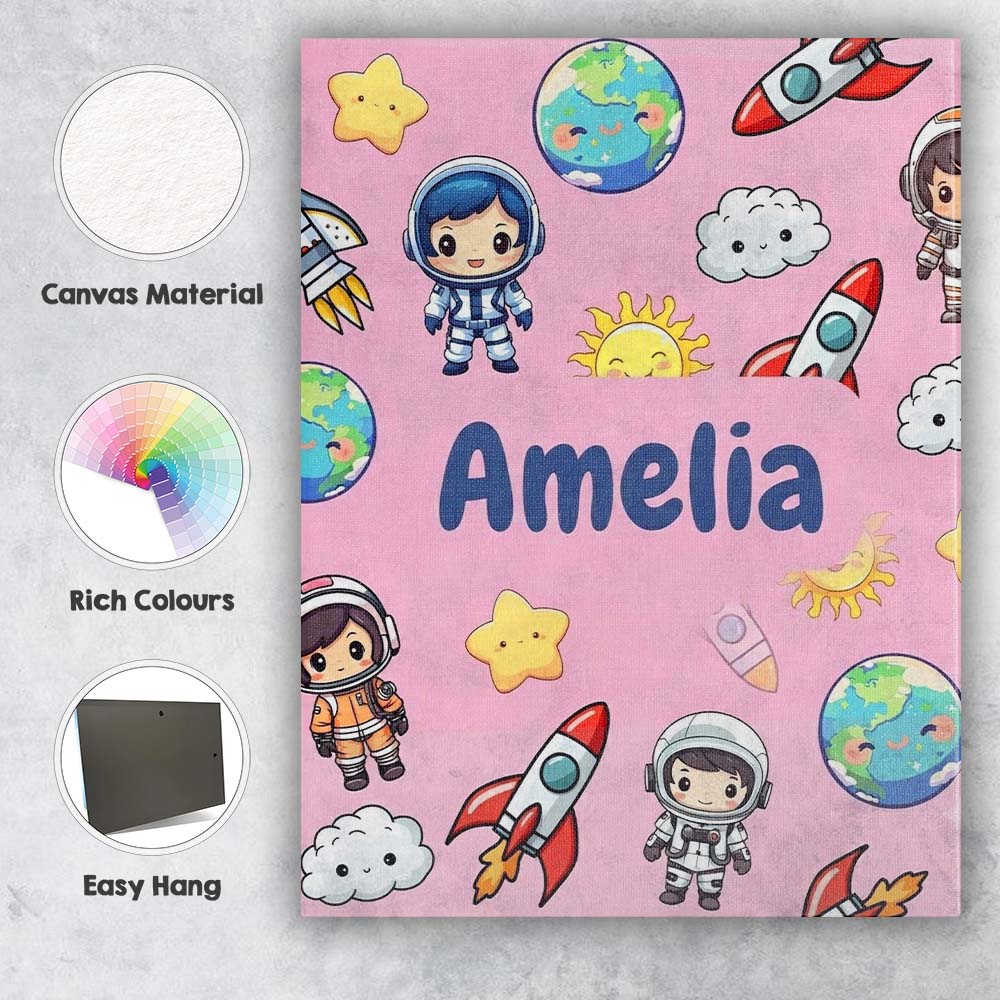Personalised Name Cartoon Space Rockets Sun Custom Bespoke Interior Contemporary Canvas Wall Art Print Decor Picture Ready to Hang