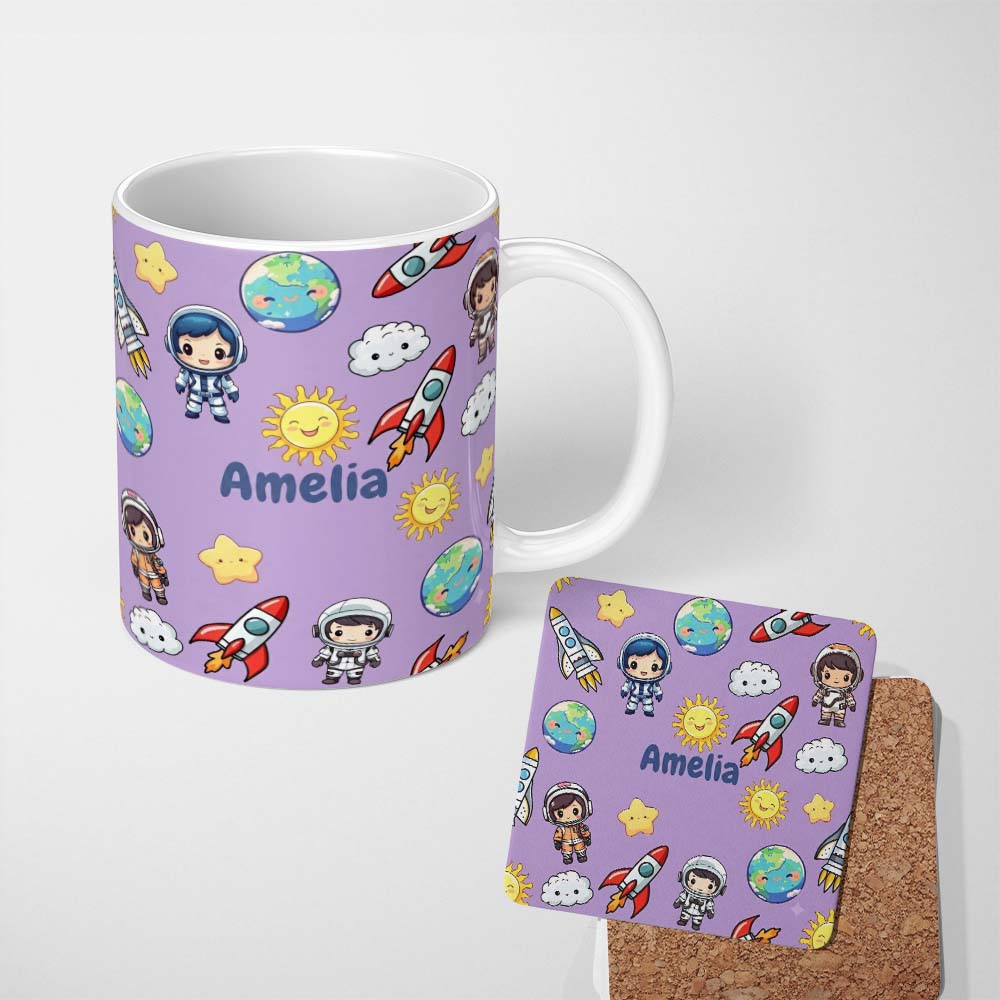 Personalized Custom Name Cute Cartoon Space Rocket Sun Earth Clouds Stars Seamless Lavender 11oz Ceramic Coffee Tea Mug White Large Handle