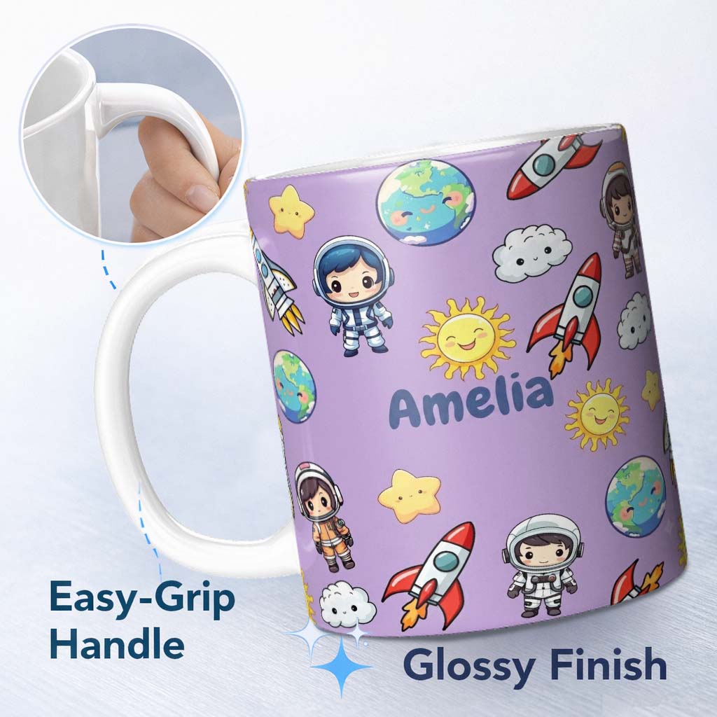 Personalized Custom Name Cute Cartoon Space Rocket Sun Earth Clouds Stars Seamless Lavender 11oz Ceramic Coffee Tea Mug White Large Handle