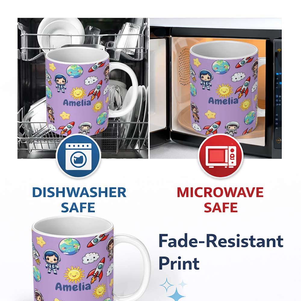 Personalized Custom Name Cute Cartoon Space Rocket Sun Earth Clouds Stars Seamless Lavender 11oz Ceramic Coffee Tea Mug White Large Handle