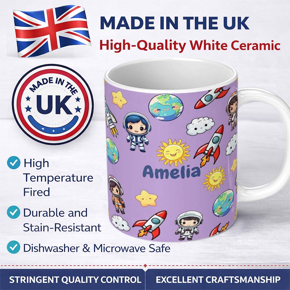 Personalized Custom Name Cute Cartoon Space Rocket Sun Earth Clouds Stars Seamless Lavender 11oz Ceramic Coffee Tea Mug White Large Handle