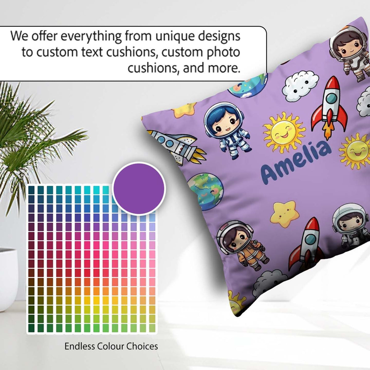 Custom Name Cartoon Space Rocket Sun Earth Clouds Stars Seamless Square Filled Cushion Throw Pillow Sofa Bed Home Decor Zip Washable UK Made
