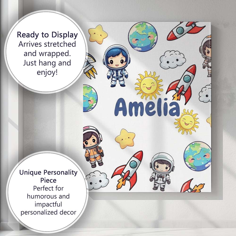 Personalised Name Cute Cartoon Space Rocket Custom Bespoke Interior Contemporary Canvas Wall Art Print Decor Picture Ready to Hang