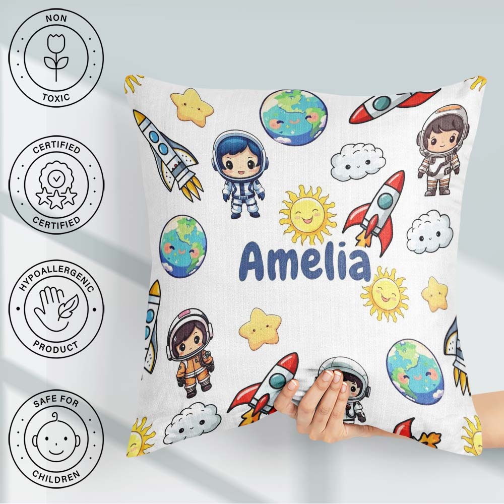 Custom Name Cartoon Space Rocket Sun Earth Cloud Star Light Grey Square Filled Cushion Throw Pillow Sofa Bed Home Decor Zip Washable UK Made