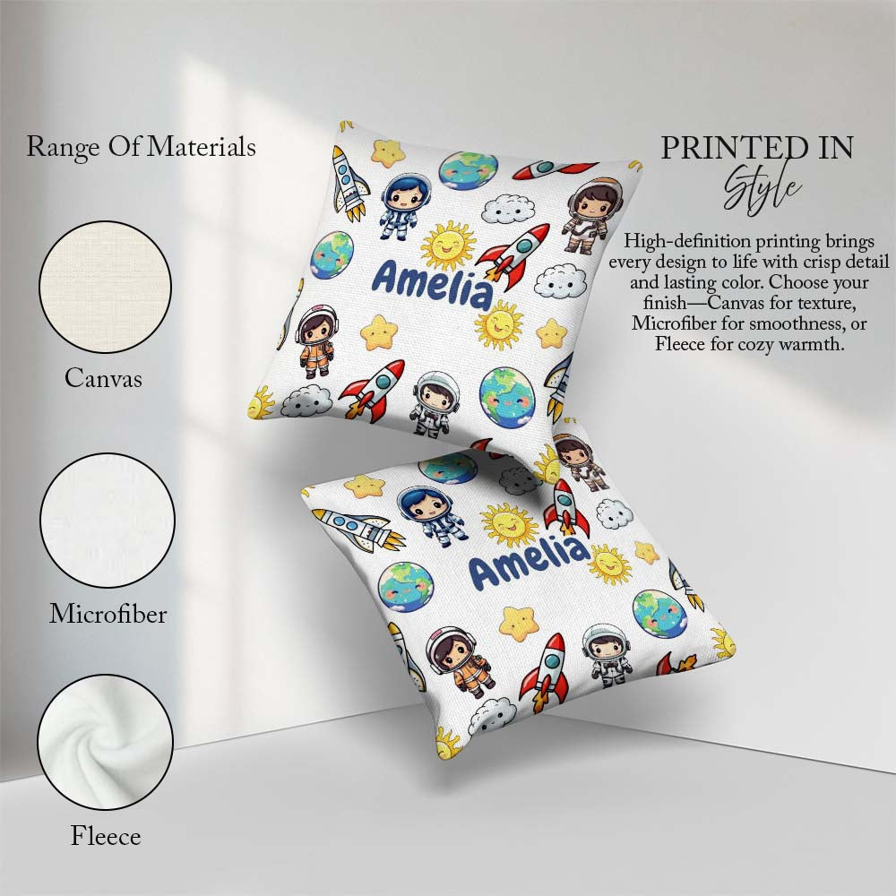 Custom Name Cartoon Space Rocket Sun Earth Cloud Star Light Grey Square Filled Cushion Throw Pillow Sofa Bed Home Decor Zip Washable UK Made