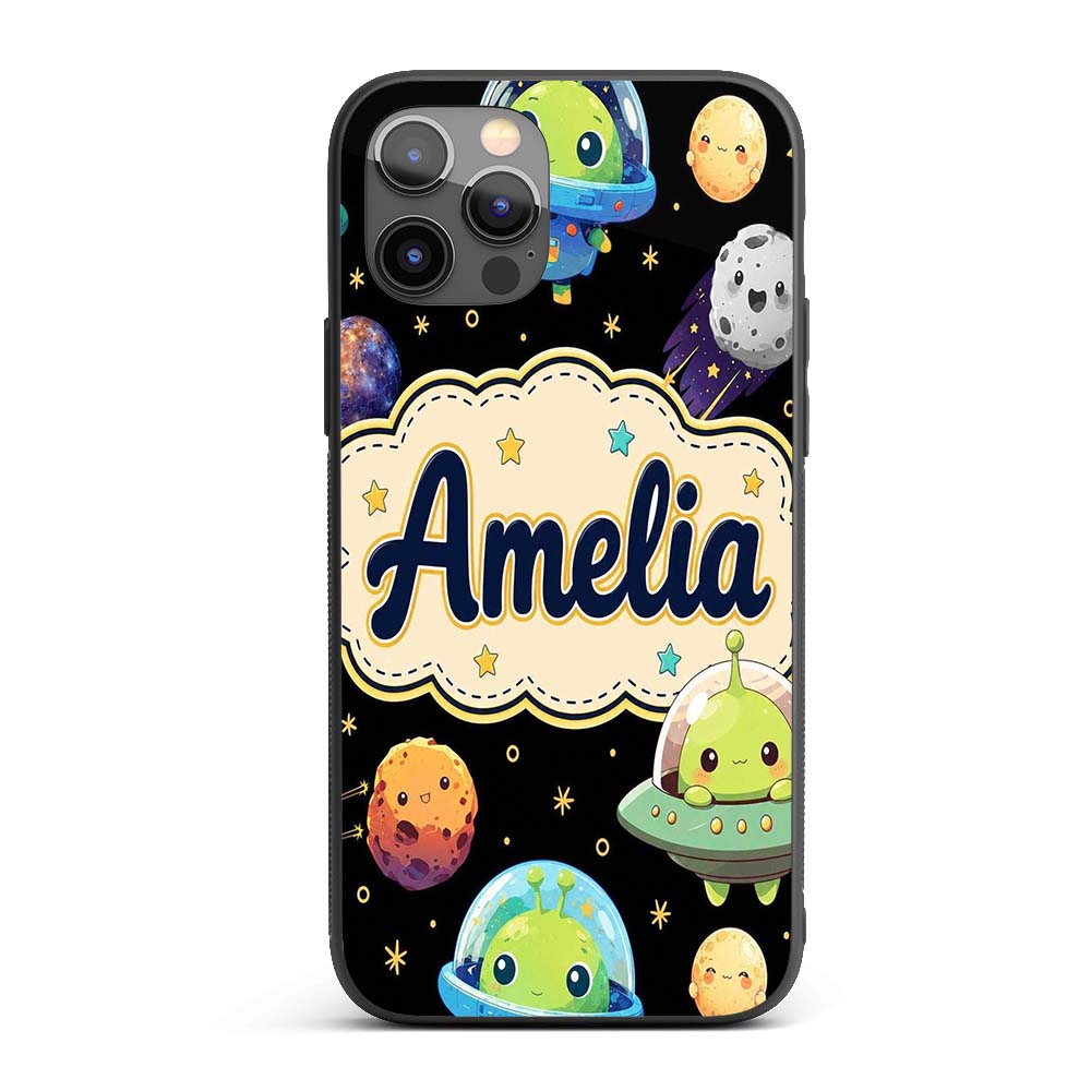 Space Astronaut Alien UFO Planets Meteors Stars Custom Name Protective Phone Case Mobile Cover Durable Everyday Smartphone Shock Resistant