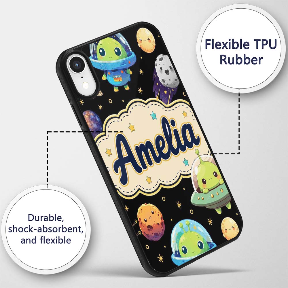 Space Astronaut Alien UFO Planets Meteors Stars Custom Name Protective Phone Case Mobile Cover Durable Everyday Smartphone Shock Resistant