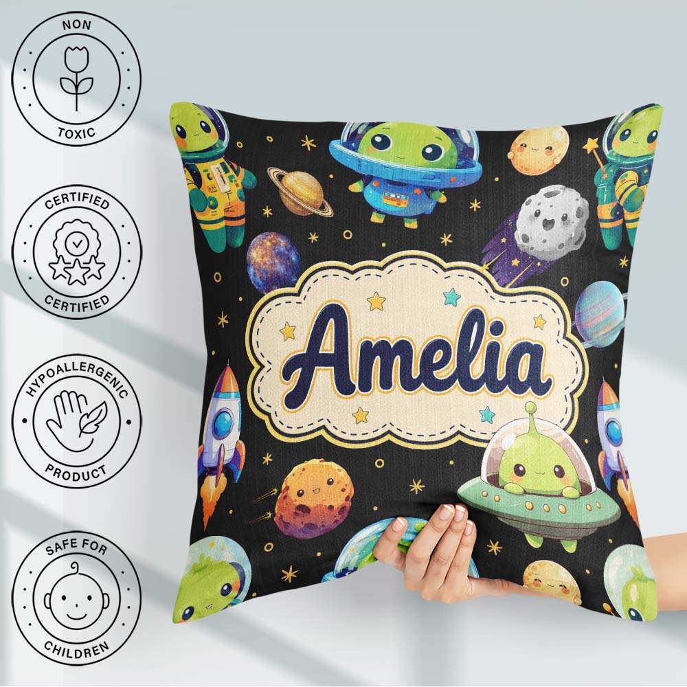 Custom Name Space Alien UFO Planets Meteors Stars Seamless Black Square Filled Cushion Throw Pillow Sofa Bed Home Decor Zip Washable UK Made