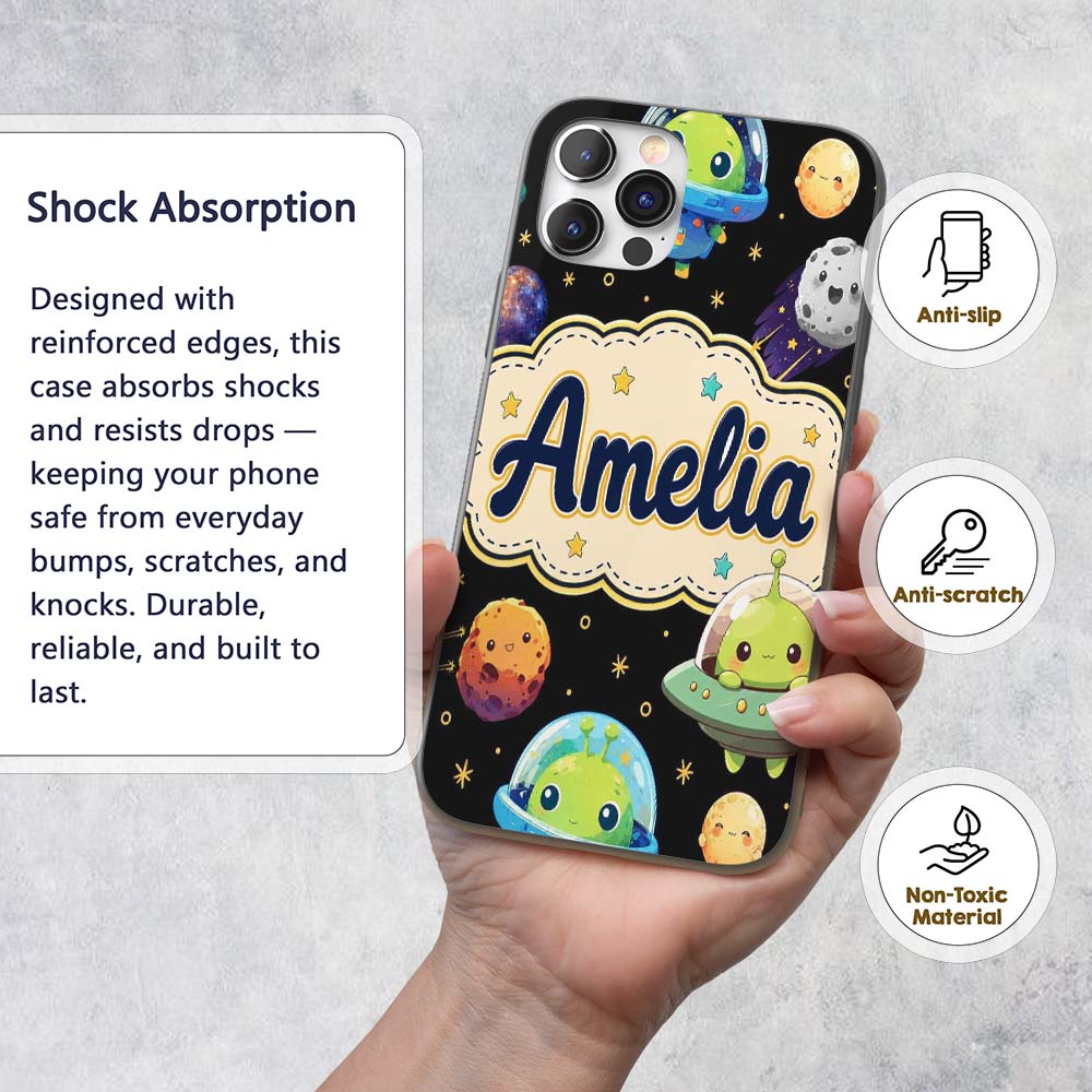 Space Astronaut Alien UFO Planets Meteors Stars Custom Name Protective Phone Case Mobile Cover Durable Everyday Smartphone Shock Resistant