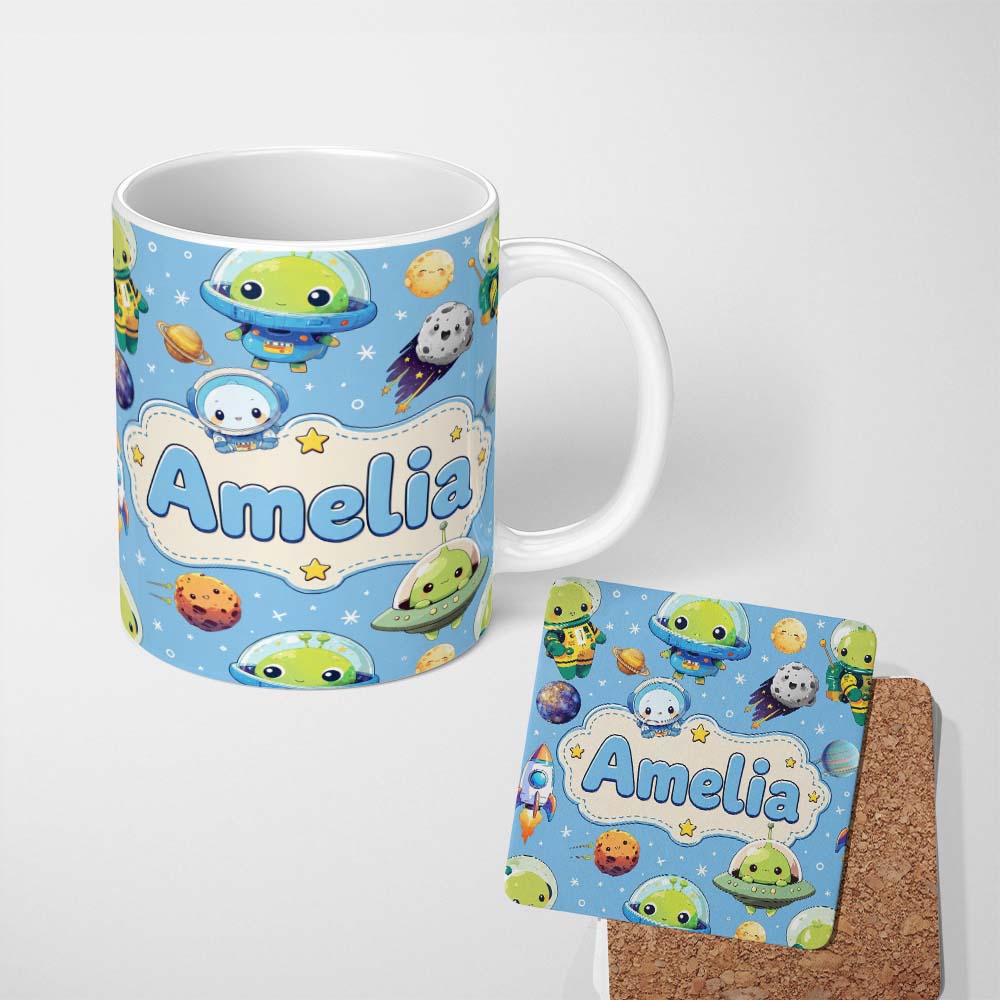 Personalized Custom Name Space Astronaut Alien UFO Planets Meteors Stars Seamless Blue 11oz Ceramic Coffee Tea Mug White Large Handle