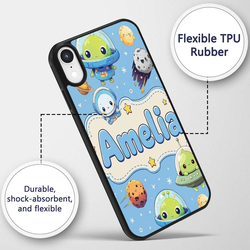 Space Astronaut Alien UFO Planets Meteors Stars Custom Name Protective Phone Case Mobile Cover Durable Everyday Smartphone Shock Resistant