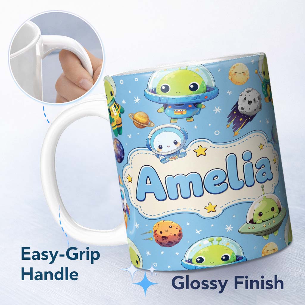 Personalized Custom Name Space Astronaut Alien UFO Planets Meteors Stars Seamless Blue 11oz Ceramic Coffee Tea Mug White Large Handle