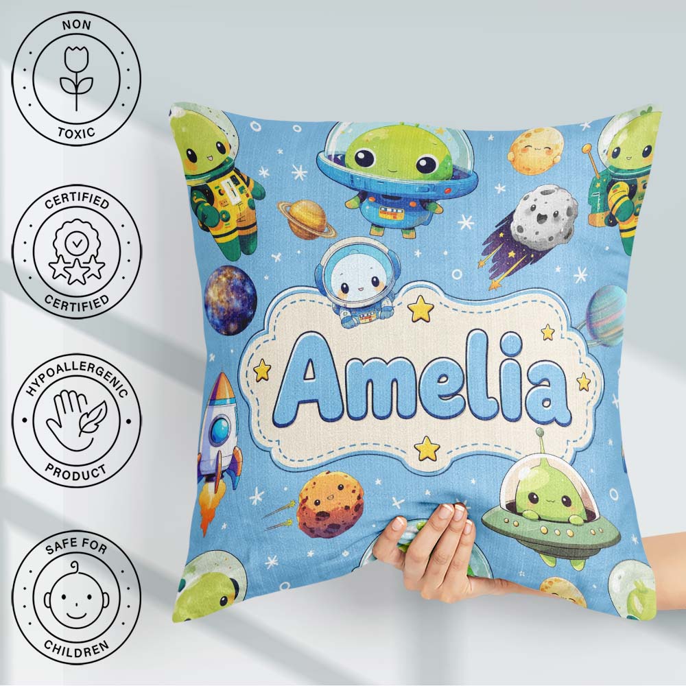 Custom Name Space Astronaut Alien UFO Planets Meteors Stars Blue Square Filled Cushion Throw Pillow Sofa Bed Home Decor Zip Washable UK Made