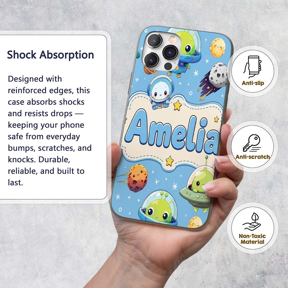 Space Astronaut Alien UFO Planets Meteors Stars Custom Name Protective Phone Case Mobile Cover Durable Everyday Smartphone Shock Resistant