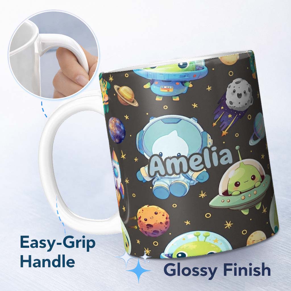 Personalized Custom Name Space Astronaut Alien UFO Planets Meteor Stars Seamless Dark Brown 11oz Ceramic Coffee Tea Mug White Large Handle
