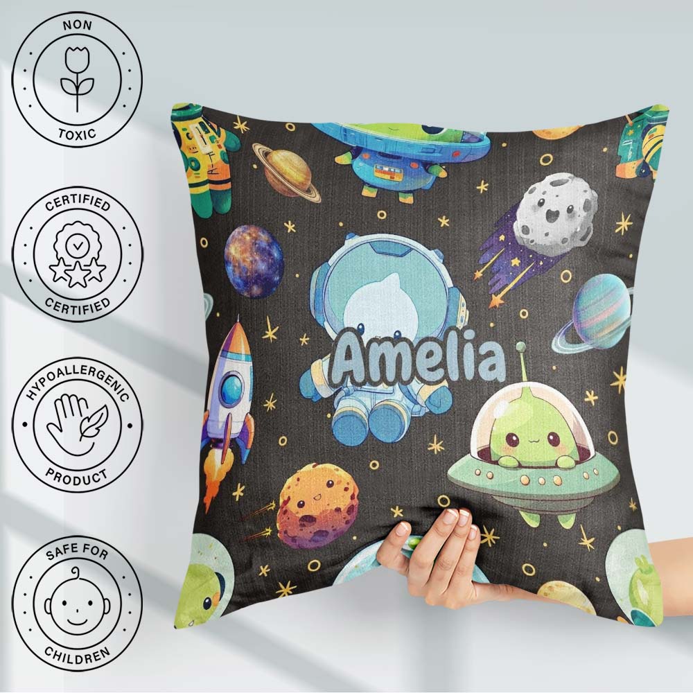 Custom Name Space Astronaut Alien UFO Meteor Stars Seamless Dark Square Filled Cushion Throw Pillow Sofa Bed Home Decor Zip Washable UK Made
