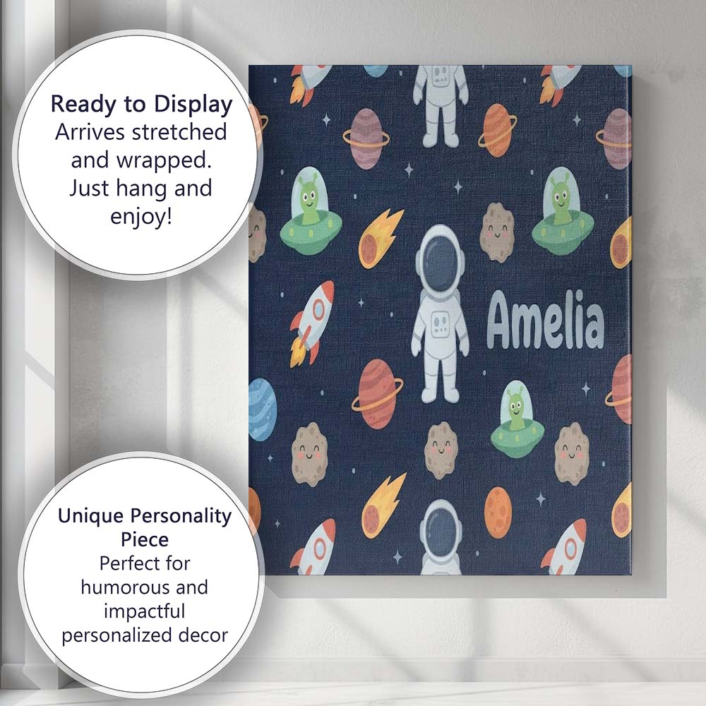 Personalised Name Space Astronaut Alien UFO Custom Bespoke Interior Contemporary Canvas Wall Art Print Decor Picture Ready to Hang