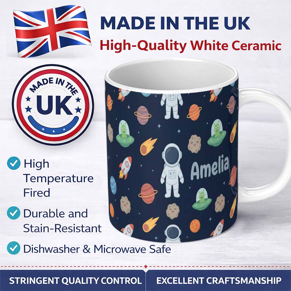 Personalized Custom Name Space Astronaut Alien UFO Planets Meteors Stars Seamless Navy 11oz Ceramic Coffee Tea Mug White Large Handle