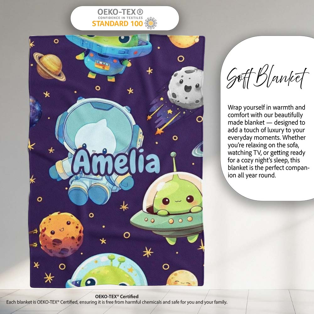 Space Astronaut Alien UFO Planets Meteors Stars Seamless Purple Personalised Custom Name Super Soft Fleece Blanket Bed Sofa Throw