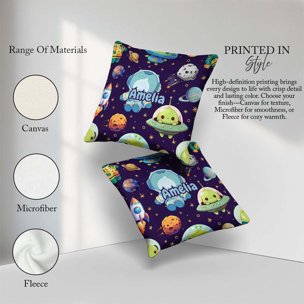 Custom Name Space Astronaut Alien Planets Meteors Stars Seamless Square Filled Cushion Throw Pillow Sofa Bed Home Decor Zip Washable UK Made