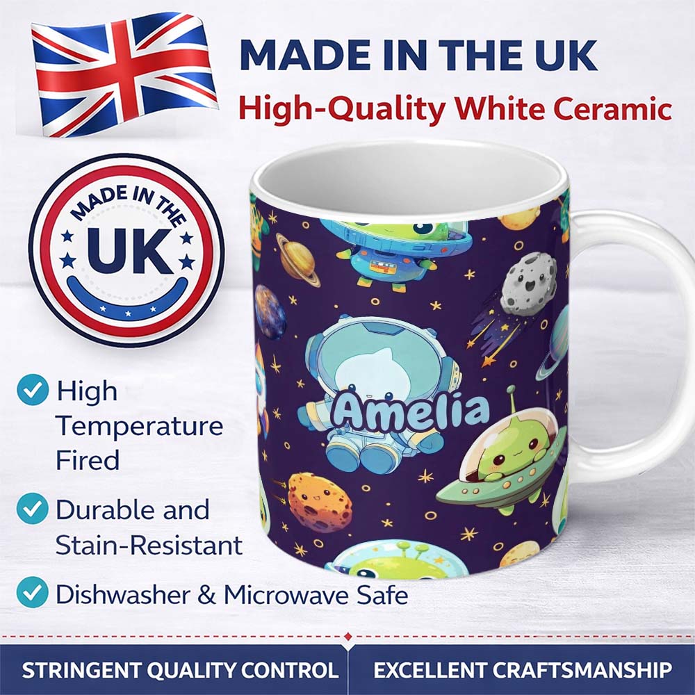 Personalized Custom Name Space Astronaut Alien UFO Planets Meteors Stars Seamless Purple 11oz Ceramic Coffee Tea Mug White Large Handle