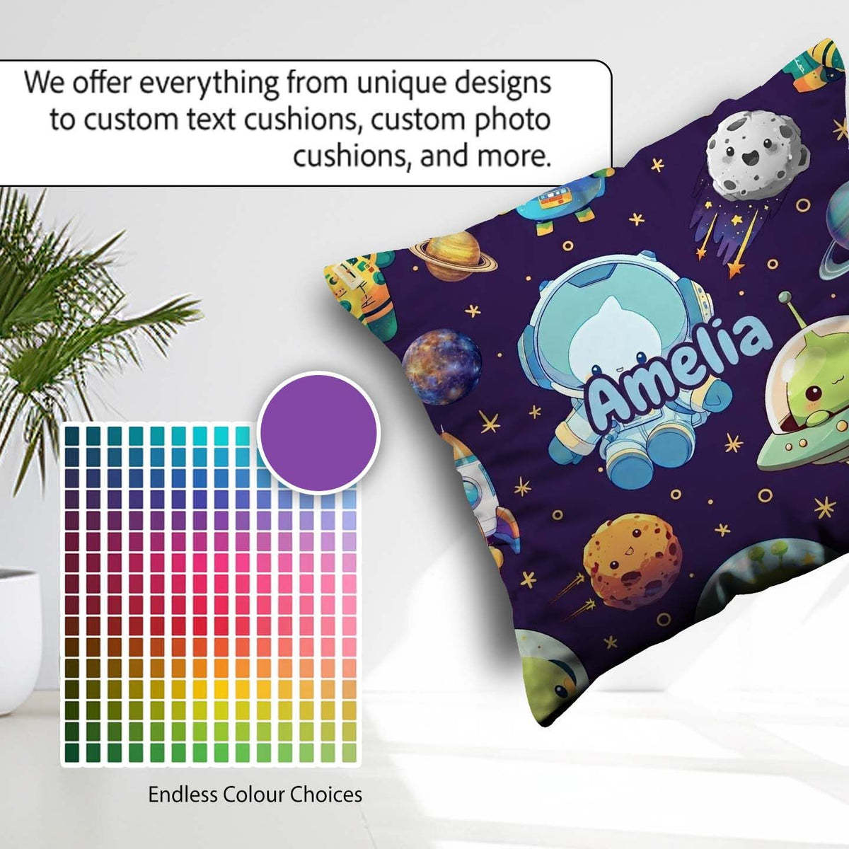 Custom Name Space Astronaut Alien Planets Meteors Stars Seamless Square Filled Cushion Throw Pillow Sofa Bed Home Decor Zip Washable UK Made