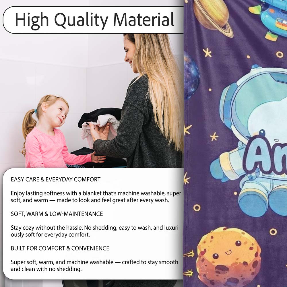Space Astronaut Alien UFO Planets Meteors Stars Seamless Purple Personalised Custom Name Super Soft Fleece Blanket Bed Sofa Throw