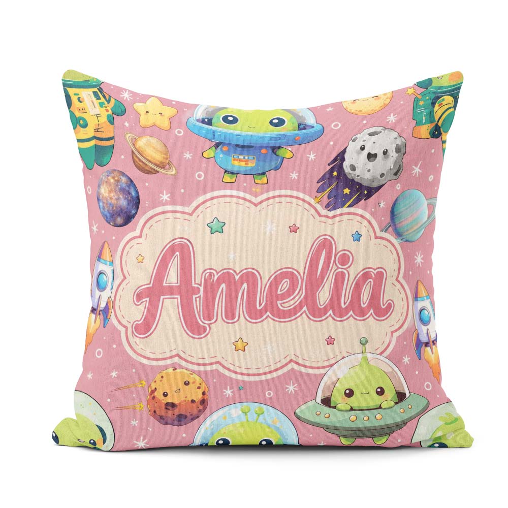 Custom Name Space Astronaut Alien UFO Planets Meteors Stars Pink Square Filled Cushion Throw Pillow Sofa Bed Home Decor Zip Washable UK Made