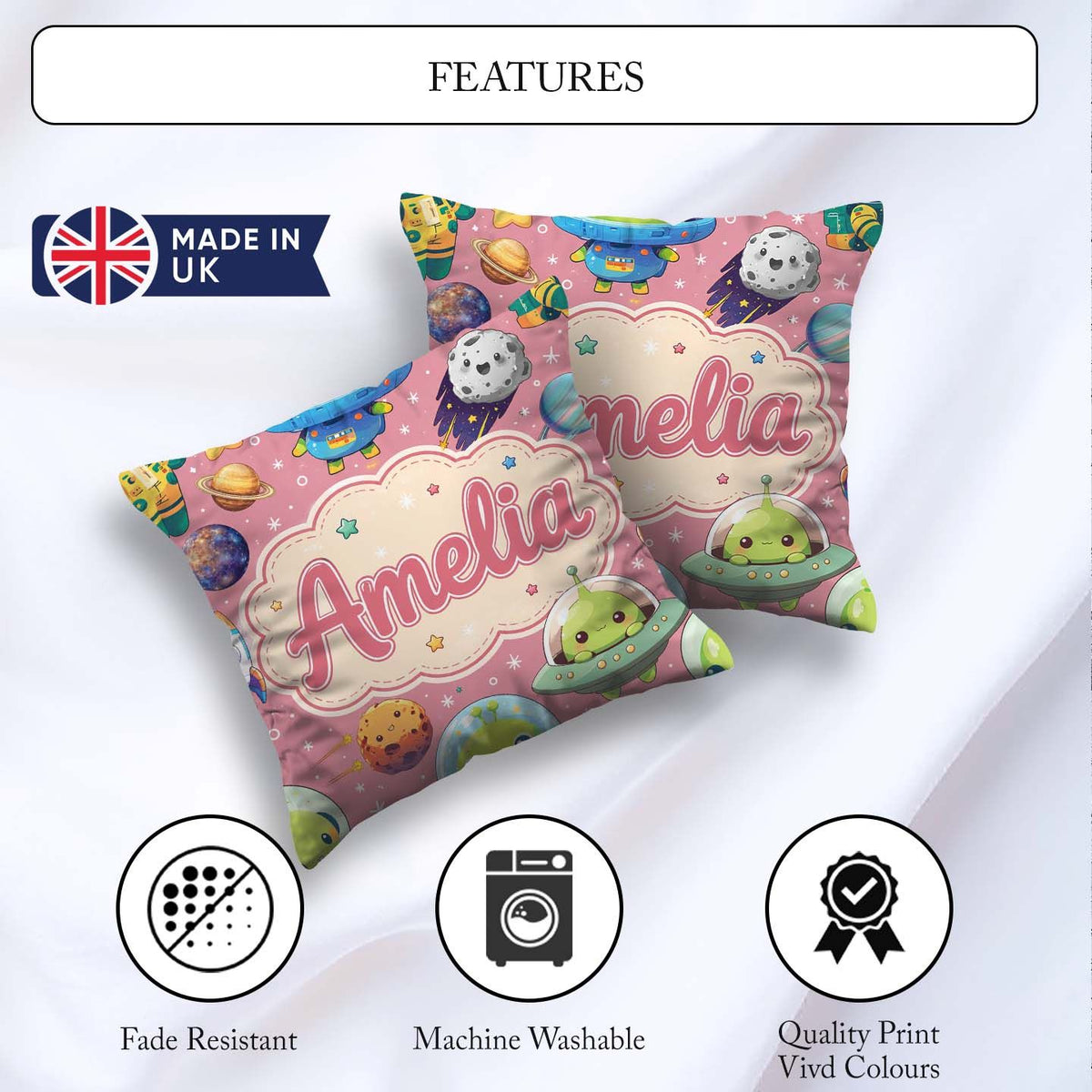 Custom Name Space Astronaut Alien UFO Planets Meteors Stars Pink Square Filled Cushion Throw Pillow Sofa Bed Home Decor Zip Washable UK Made