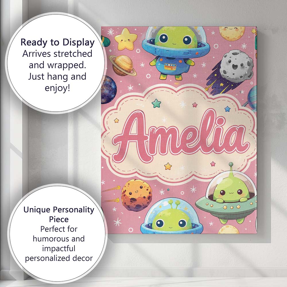 Personalised Name Space Astronaut Alien UFO Custom Bespoke Interior Contemporary Canvas Wall Art Print Decor Picture Ready to Hang