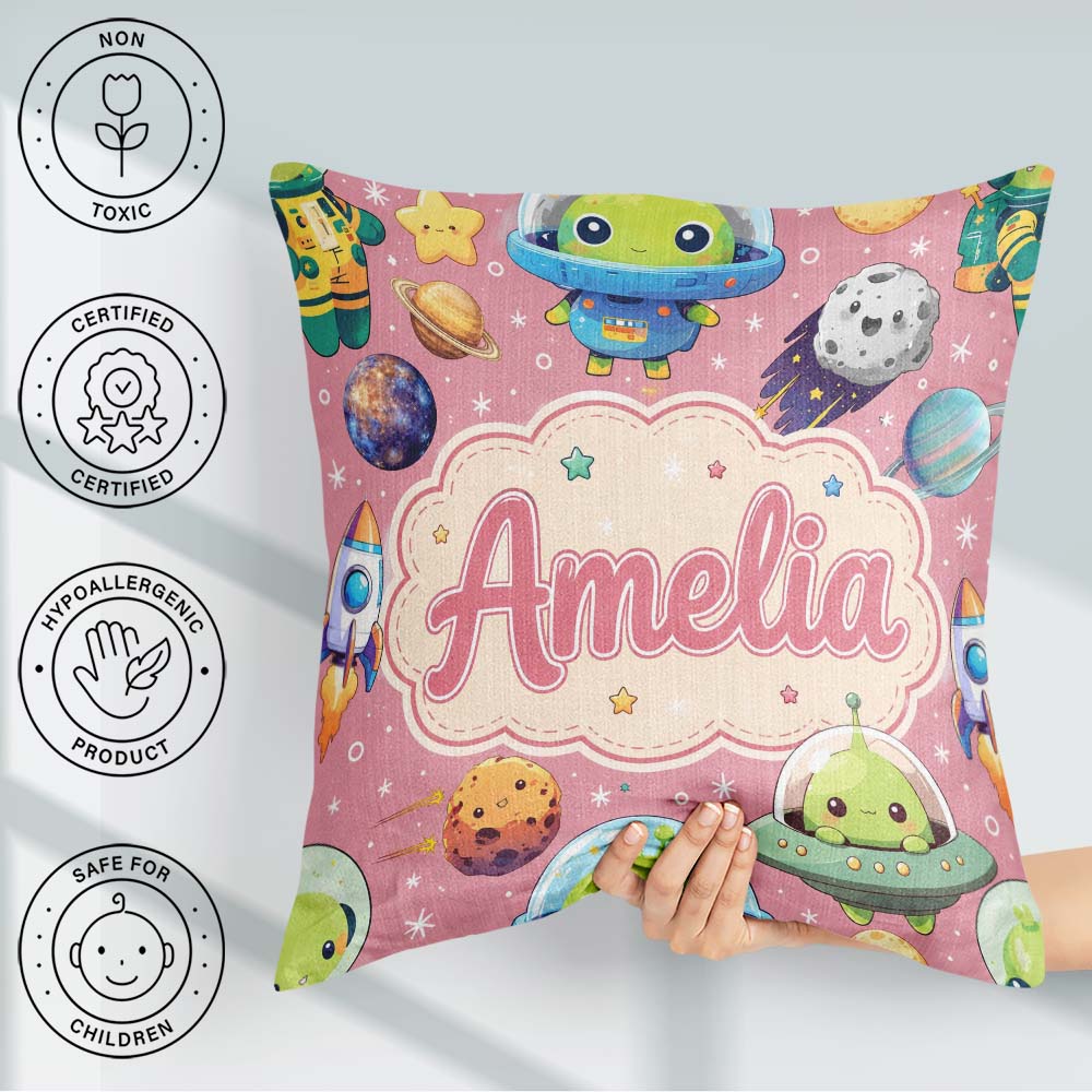 Custom Name Space Astronaut Alien UFO Planets Meteors Stars Pink Square Filled Cushion Throw Pillow Sofa Bed Home Decor Zip Washable UK Made