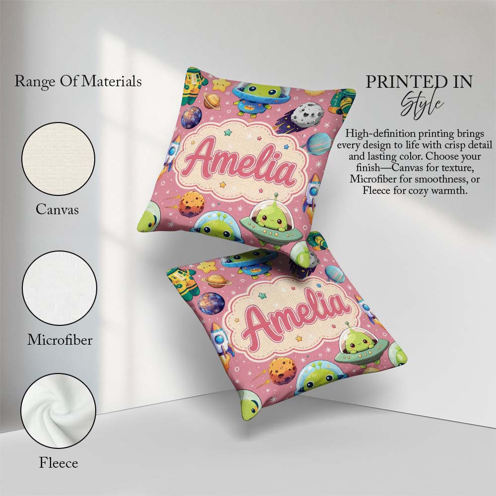 Custom Name Space Astronaut Alien UFO Planets Meteors Stars Pink Square Filled Cushion Throw Pillow Sofa Bed Home Decor Zip Washable UK Made