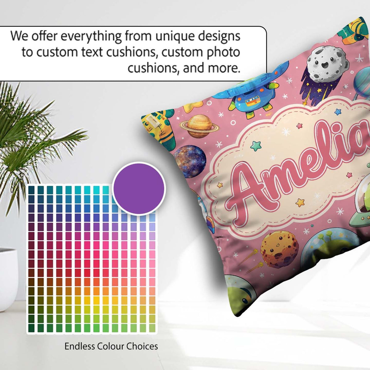 Custom Name Space Astronaut Alien UFO Planets Meteors Stars Pink Square Filled Cushion Throw Pillow Sofa Bed Home Decor Zip Washable UK Made