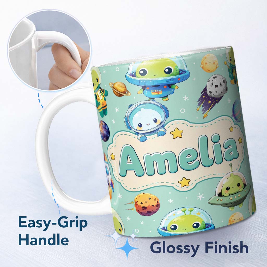 Personalized Custom Name Space Astronaut Alien UFO Planets Meteors Stars Seamless Mint 11oz Ceramic Coffee Tea Mug White Large Handle