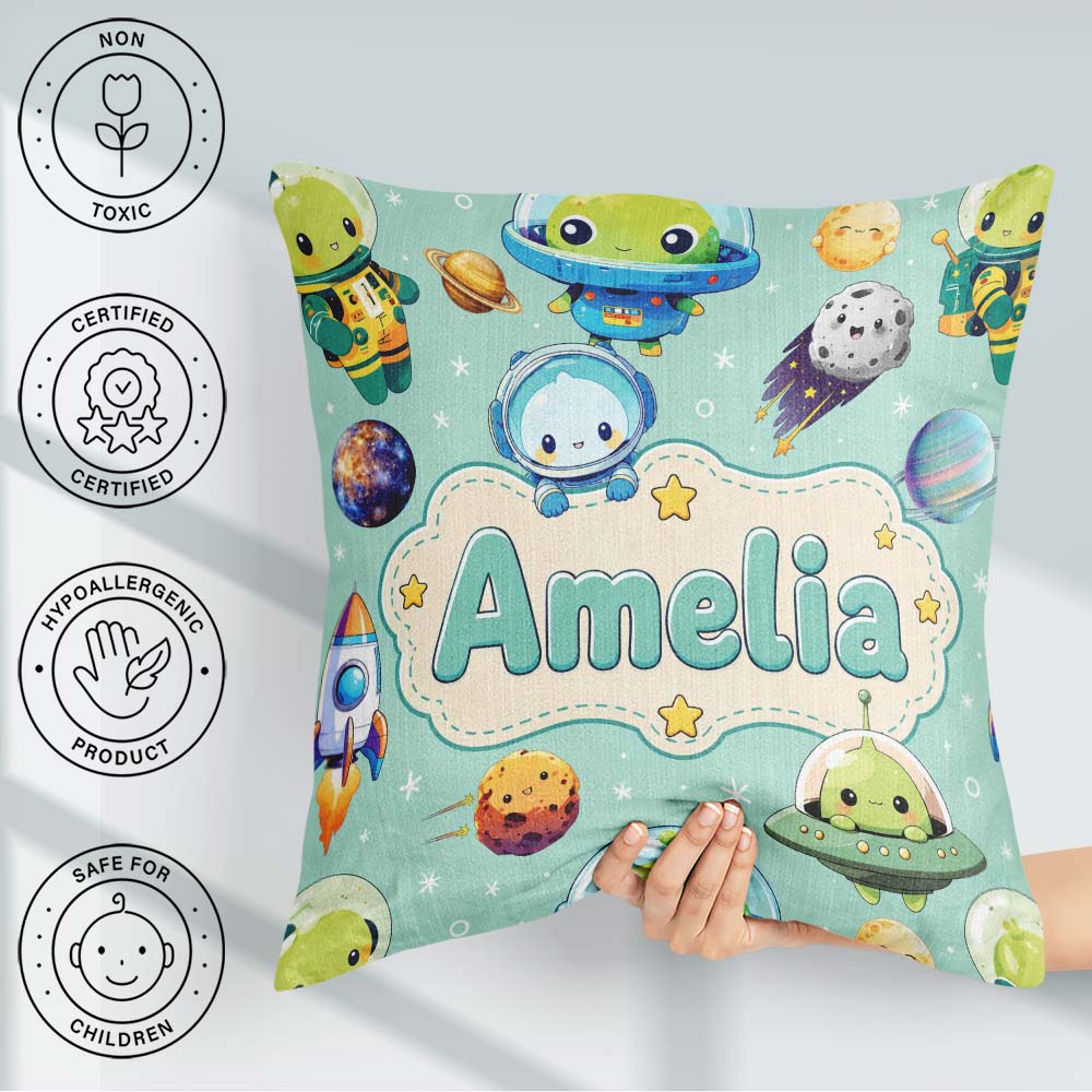 Custom Name Space Astronaut Alien UFO Planets Meteors Stars Mint Square Filled Cushion Throw Pillow Sofa Bed Home Decor Zip Washable UK Made