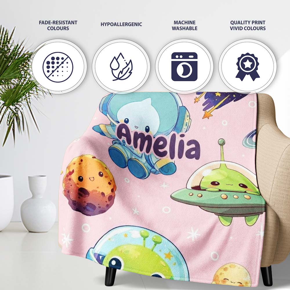 Space Astronaut Alien UFO Planets Meteors Stars Seamless Soft Pink Personalised Custom Name Super Soft Fleece Blanket Bed Sofa Throw