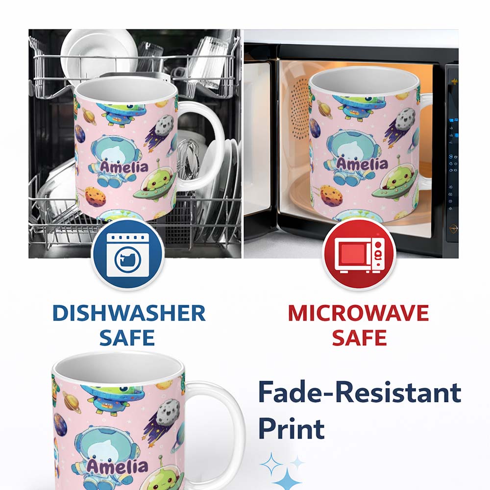Personalized Custom Name Space Astronaut Alien UFO Planets Meteors Stars Seamless Soft Pink 11oz Ceramic Coffee Tea Mug White Large Handle