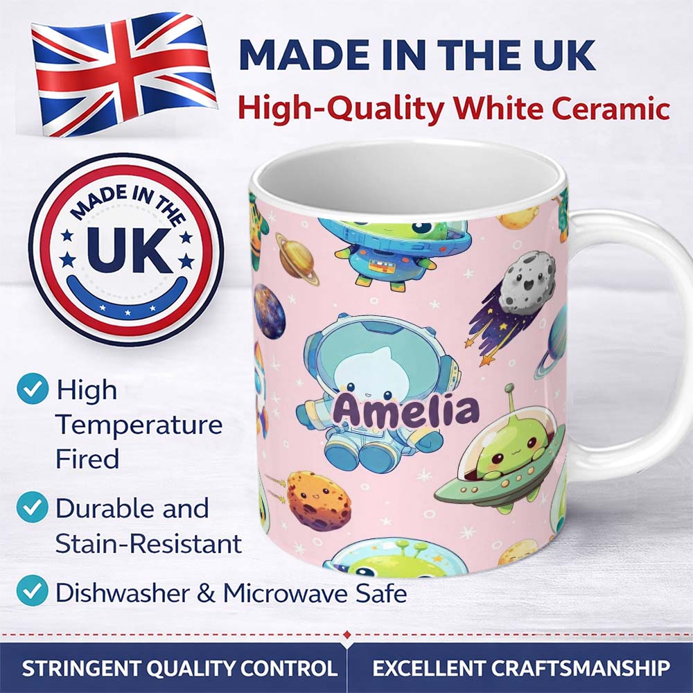 Personalized Custom Name Space Astronaut Alien UFO Planets Meteors Stars Seamless Soft Pink 11oz Ceramic Coffee Tea Mug White Large Handle
