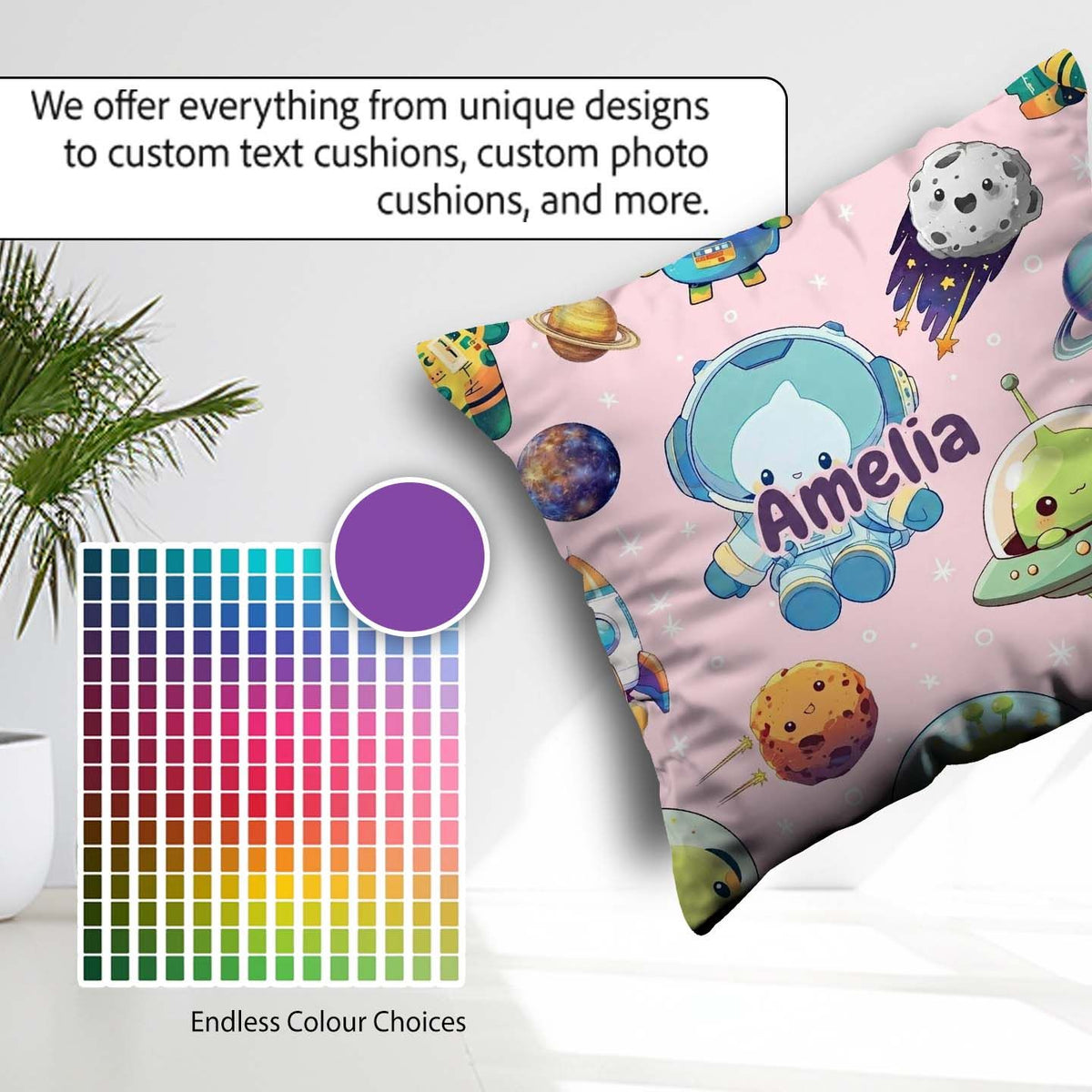 Custom Name Space Astronaut Alien UFO Planets Meteors Stars Soft Square Filled Cushion Throw Pillow Sofa Bed Home Decor Zip Washable UK Made