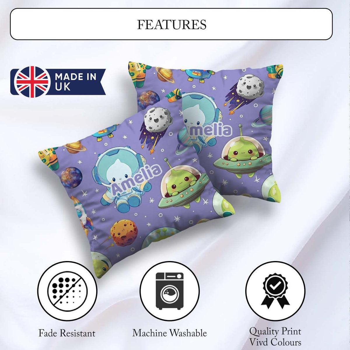 Custom Name Space Astronaut Alien Planets Meteors Stars Seamless Square Filled Cushion Throw Pillow Sofa Bed Home Decor Zip Washable UK Made